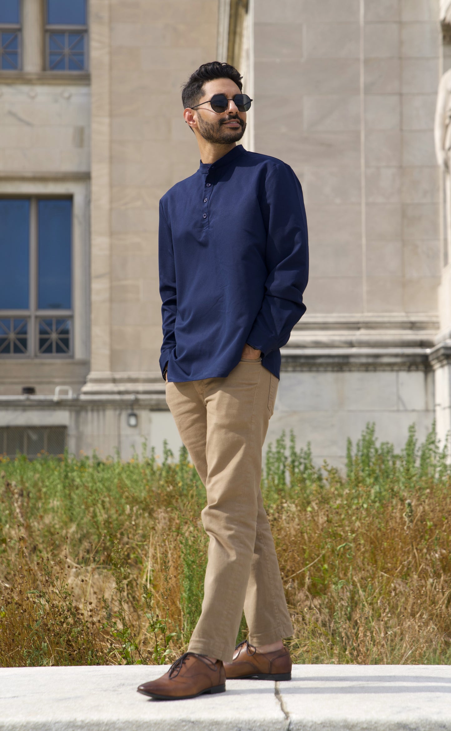 Navy Blue Band Collar Shirt