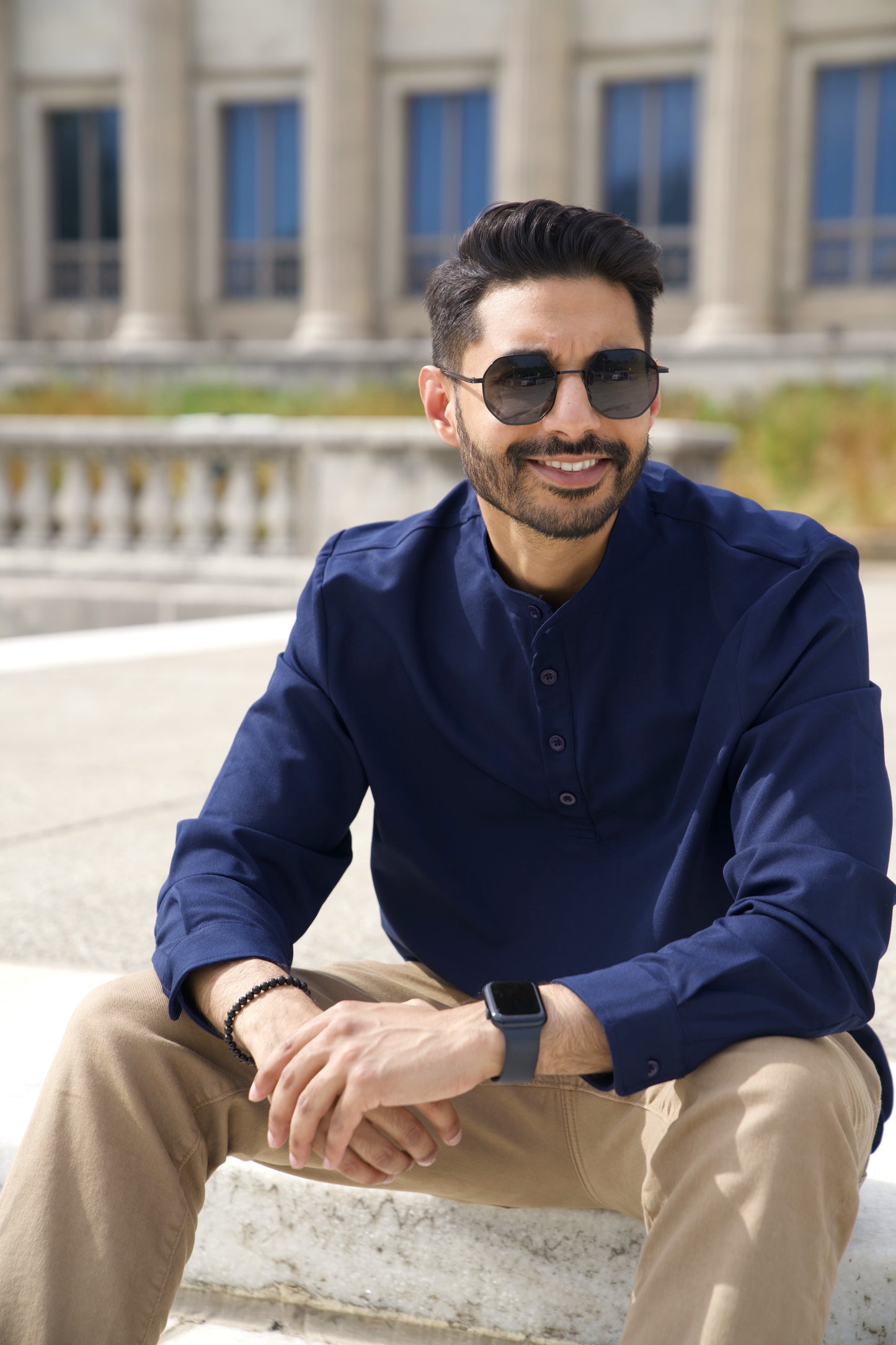 Navy Blue Band Collar Shirt