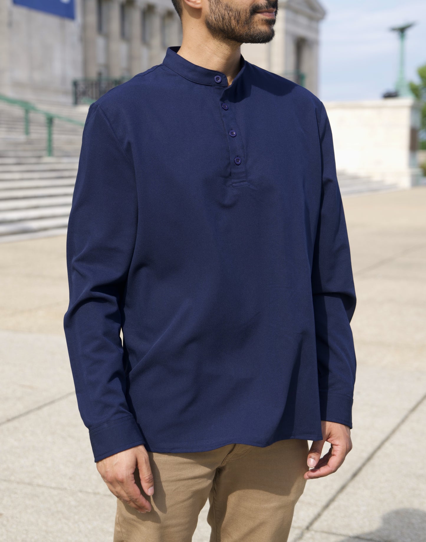 Navy Blue Band Collar Shirt