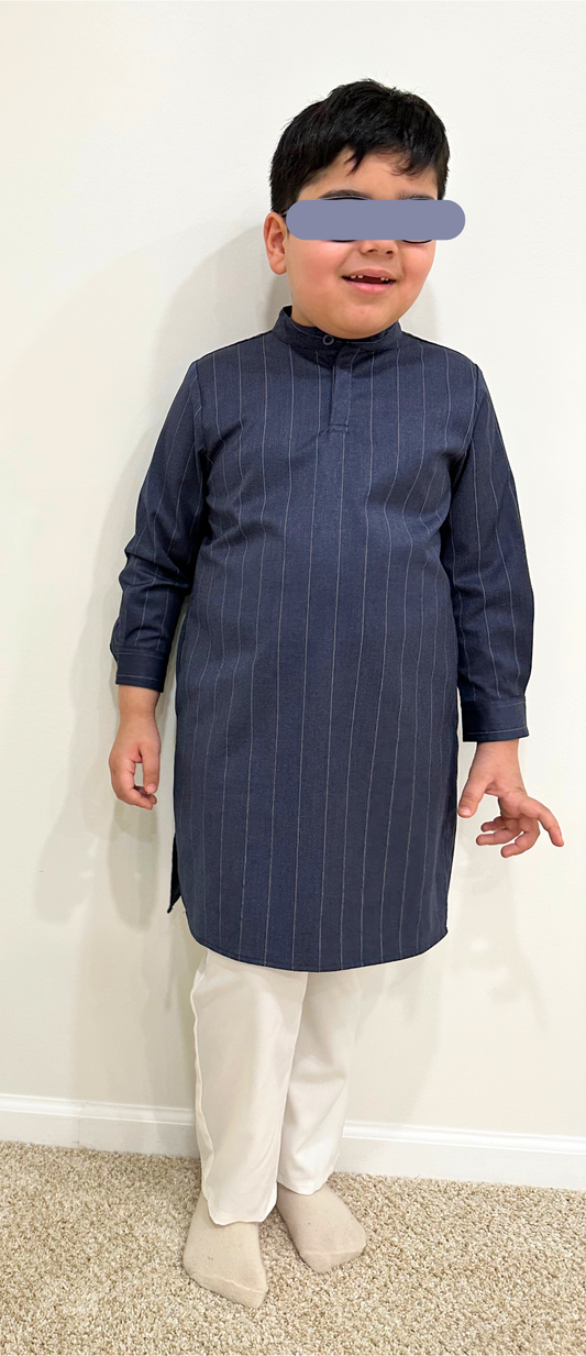 Navy Blue Pinstripe Kurta - Kids